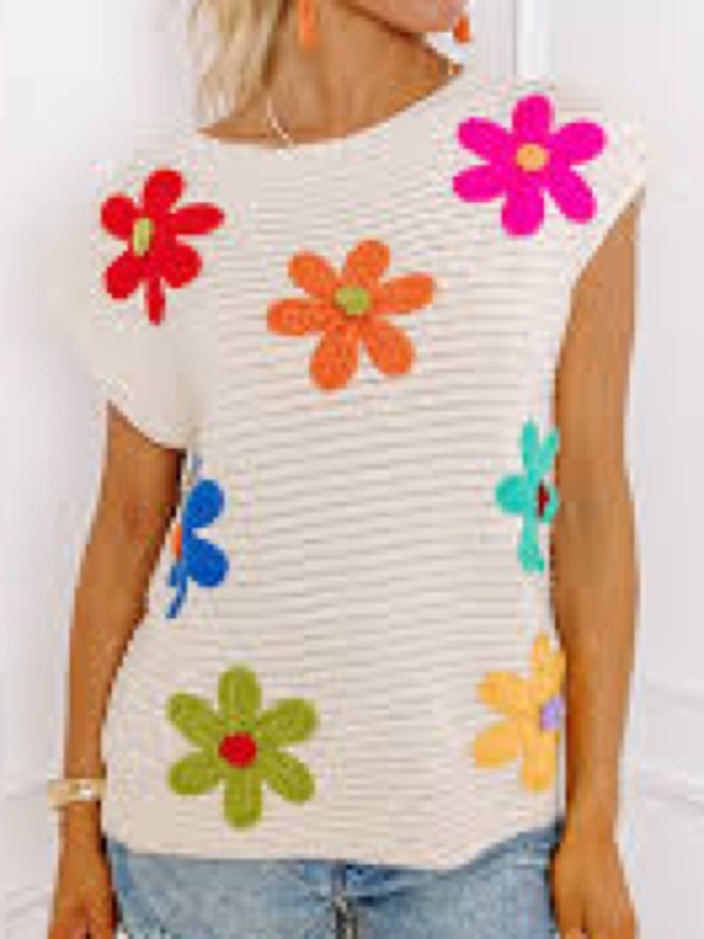 IMPRESSIONS BLOSSOMS AROUND EMBROIDERED Sleeveless SWEATER TOP SZ Medium - Picture 2 of 9